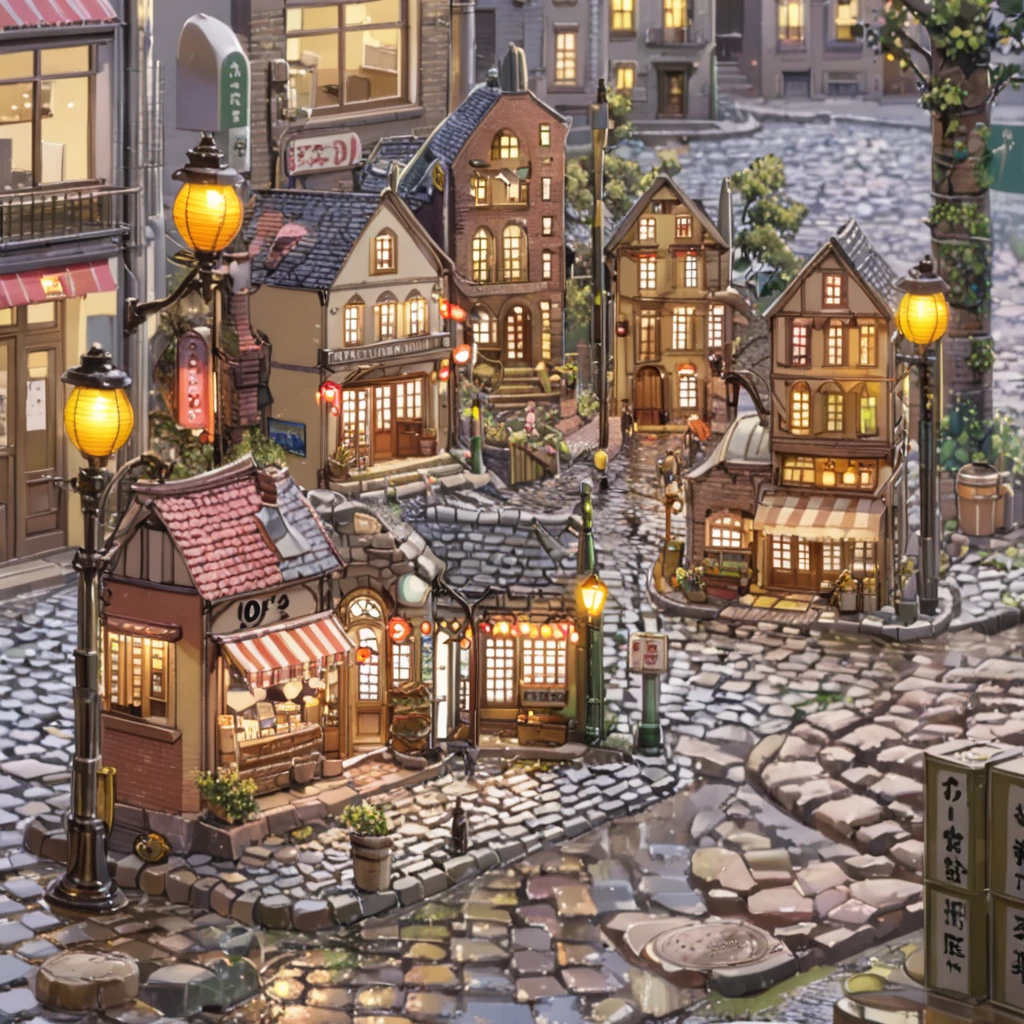 ((anime:1.4,illustration)),(masterpiece, top quality, best quality),(ultra-detailed, absolutely resolution),((16k, high res)), (((retro street scene, depict a nostalgic cityscape from the 1950s, featuring cobblestone streets and vintage buildings, the architecture include brick and stone facades, with charming storefronts displaying period-specific signage and window displays, elements like old-fashioned lampposts, ))), ((anime:1.4, illustration)),(masterpiece, top quality, best quality),(ultra-detailed, absolutely resolution),((16k, high res)) BREAK {lofi art, style of Laurie Greasley, style of Makoto Shinkai, anime aesthetic}, BREAK { (produces images with information than 40 million pixels with cinematic-like detailed textures shot on a Sony SLR).}