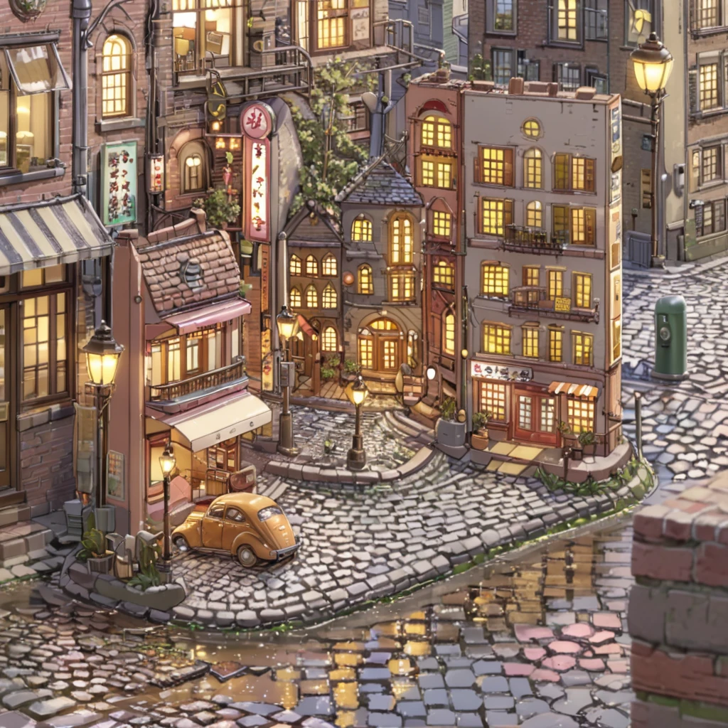 ((anime:1.4,illustration)),(masterpiece, top quality, best quality),(ultra-detailed, absolutely resolution),((16k, high res)), (((retro street scene, depict a nostalgic cityscape from the 1950s, featuring cobblestone streets and vintage buildings, the architecture include brick and stone facades, with charming storefronts displaying period-specific signage and window displays, elements like old-fashioned lampposts, ))), ((anime:1.4, illustration)),(masterpiece, top quality, best quality),(ultra-detailed, absolutely resolution),((16k, high res)) BREAK {lofi art, style of Laurie Greasley, style of Makoto Shinkai, anime aesthetic}, BREAK { (produces images with information than 40 million pixels with cinematic-like detailed textures shot on a Sony SLR).}