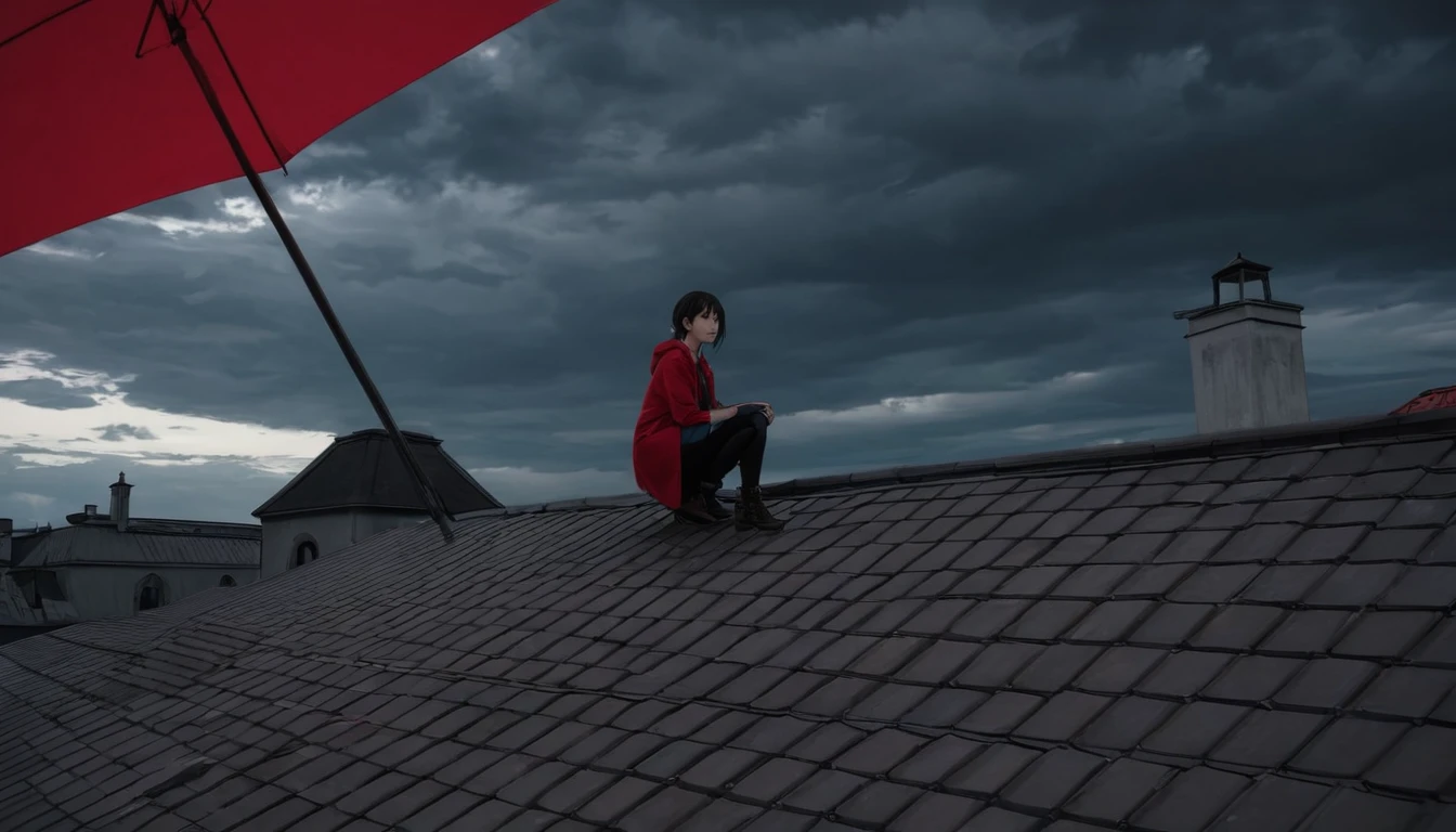 Ultra high definition animation. On a tiled roof with a chimney, a girl is crouching with a red umbrella. Out of focus behind the girl. The sky is full of dark clouds.