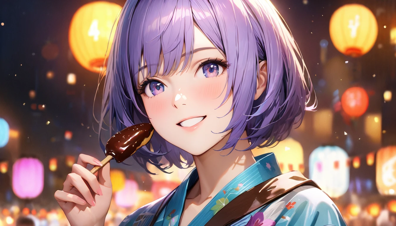 Summer festival,night, yukata, Have a chocolate banana,Blur the background,High school girls,short hair,smile,Glitter effect,highest quality, 4K, 8k, High resolution, masterpiece:1.2, Very detailed, Realistic:1.37, High resolution, 超High resolution, Ultra-fine painting, Sharp focus, Physically Based Rendering, Very detailedな説明, Professional, Vibrant colors