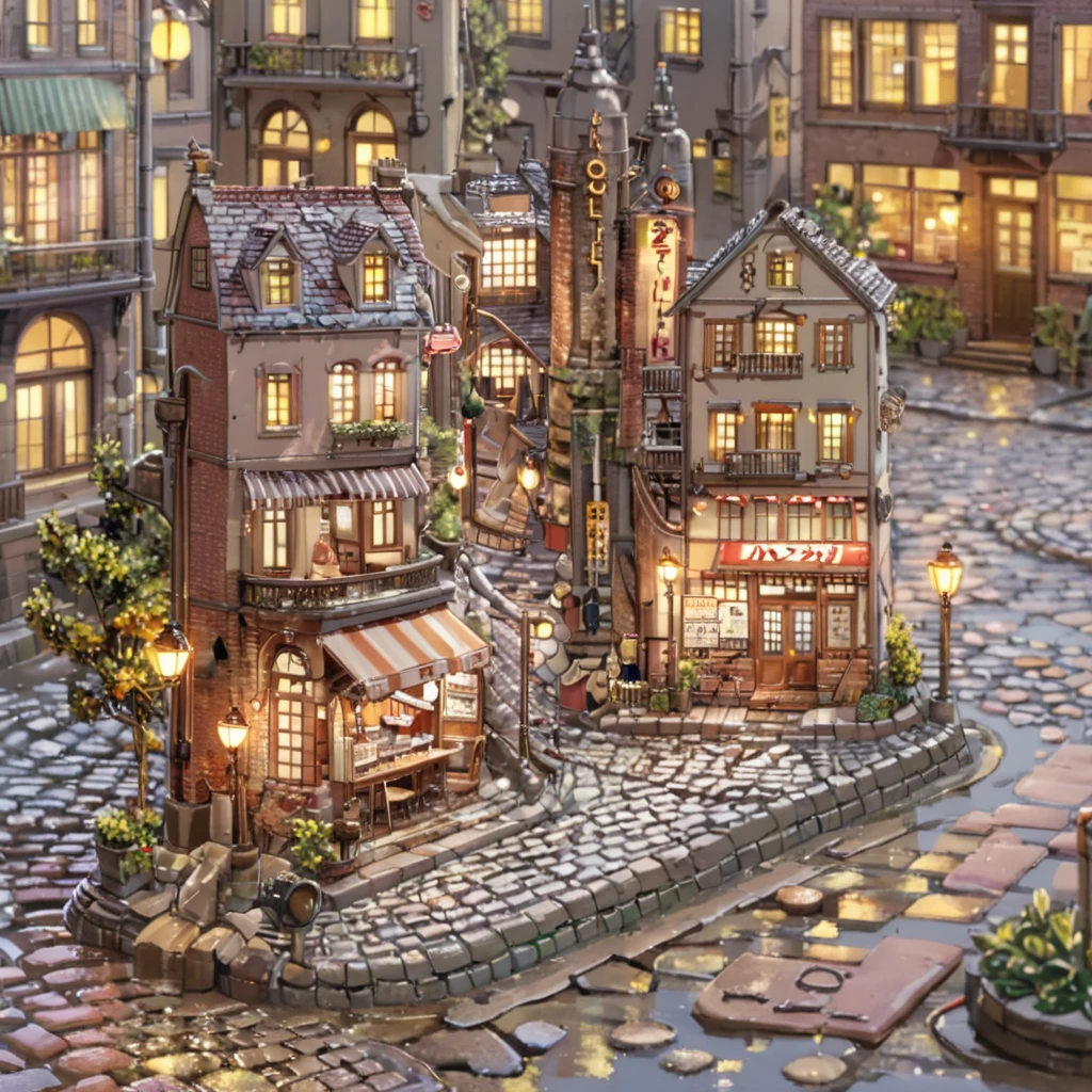 ((anime:1.4,illustration)),(masterpiece, top quality, best quality),(ultra-detailed, absolutely resolution),((16k, high res)), (((retro street scene, depict a nostalgic cityscape from the 1950s, featuring cobblestone streets and vintage buildings, the architecture include brick and stone facades, with charming storefronts displaying period-specific signage and window displays, elements like old-fashioned lampposts, ))), ((anime:1.4, illustration)),(masterpiece, top quality, best quality),(ultra-detailed, absolutely resolution),((16k, high res)) BREAK {lofi art, style of Laurie Greasley, style of Makoto Shinkai, anime aesthetic}, BREAK { (produces images with information than 40 million pixels with cinematic-like detailed textures shot on a Sony SLR).}