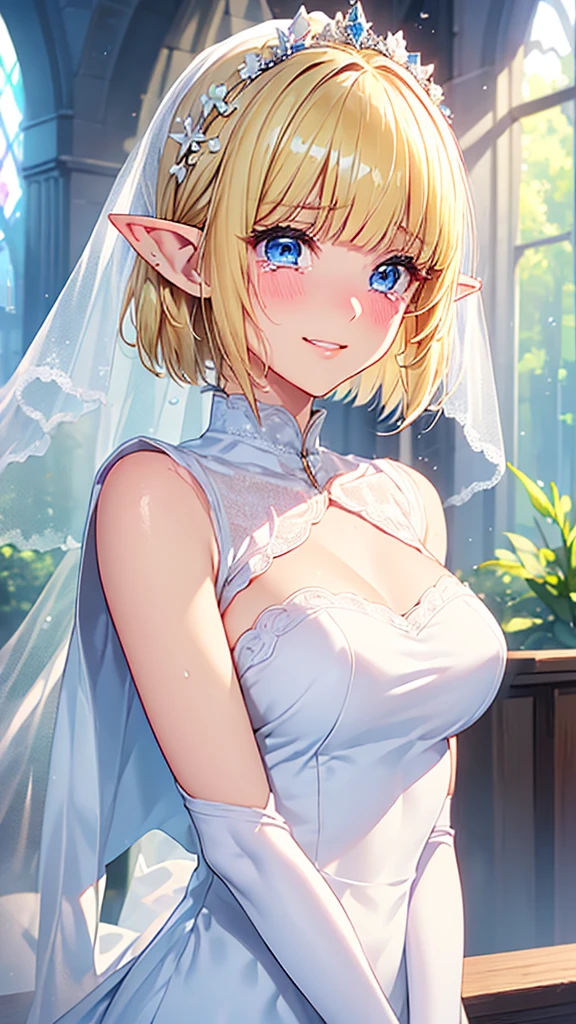 Very close、((Focus on the upper body))、16k、masterpiece、High resolution、High resolution、((****ung elven female))、((Beautiful blonde))、short hair、((Beautiful Blue Eyes))、((Moist eyes、Tears))、((Pointy Ears))、Smiling Kindly、Grin、blush、Pink Lip Gloss、((Shiny skin))、((White Wedding Dress))、((church、Chapel))、look at me、((White gloves、Wipe away the tears))