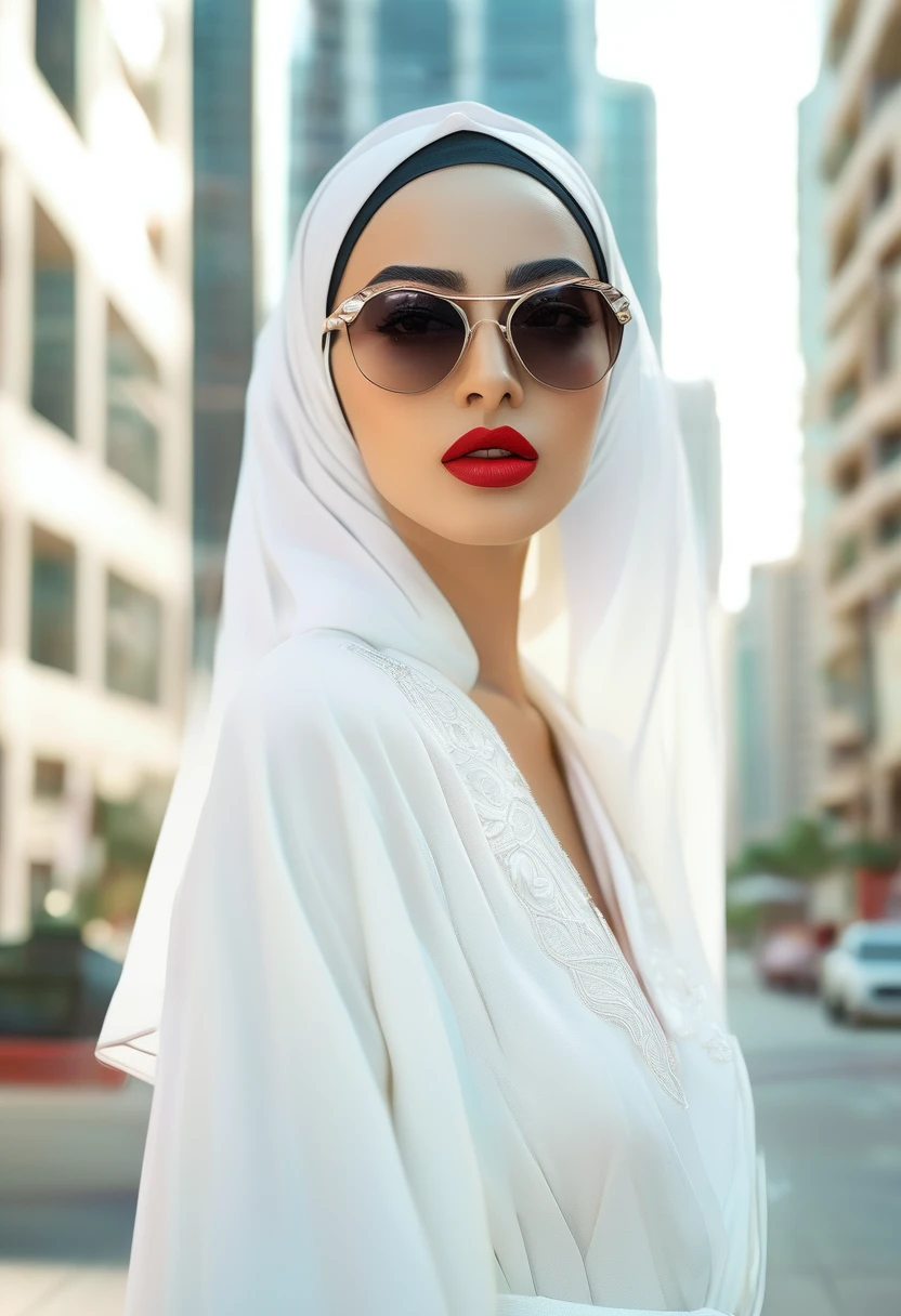 a beautiful arabic woman standing in the street, wearing a long white robe, a white hijab, black sunglasses, bright red lips, thick dark eyebrows, high-rise buildings in the background, soft color palette, photography, 4k, photorealistic, detailed face, detailed eyes, detailed lips, detailed expression, elegant, serene, intricate details, natural lighting, cinematic atmosphere, masterpiece, ultra-detailed