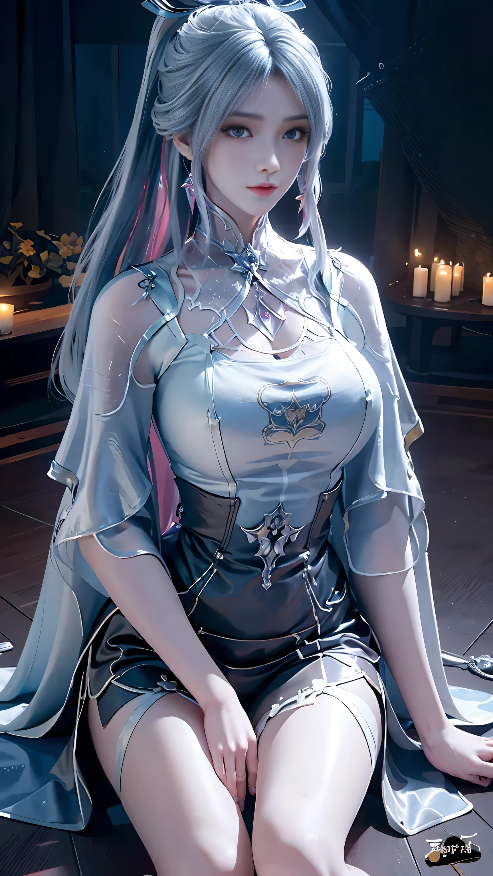 a white hair、Close-up of miss wearing white mask, Beautiful character painting, guweiz, Gurwitz style artwork, White-haired god, author：Yang Jie, Epic and beautiful character art, Stunning character art, author：Fan Qi, by Wuzhun Shifan, pixiv Art Street Guviz, Single ponytail, insult, High Ponytail, Tall and big, Long legs, (sleeveless lace shirt), (shorts), (Striped )), ((Striped )), Walk, elegant, dignified, miss, Beautiful curves, sweet smile, Strong sense of detail and layering, Rich and colorful color, Has a unique texture, rich and colorful, color, vivid, Design Art, 16K, Super detailed, {{illustration}}, {Extremely refined}, {Exquisite surface treatment}, Super detailed, Delicate and shining eyes, {{Light}}, Extreme Light Effect, Model: realism, CFG size: 12, Laura: Bright texture (1.35), high quality, masterpiece, Exquisite facial features, Delicate hair depiction, Detailed depiction of the eyes, masterpiece, best quality, Light line tracing, Extremely detailed CG unified 8k wallpaper, masterpiece, best quality, (1 girl), Perfect body, (((tight white t shirt))), beautiful eyes, (Delicate face), Black short hair, Tie your hair up, Light blue hairpin, Black silk frame glasses, in class, (White skin), (Optimal Lighting), (Super intricate details), 4k unity, (Super detailed CG), Showing off her white legs, , Hot Pants, shorts,Sexy Long Legs, Thin waist, Sweat is running down my waist, Showing belly, Extremely detailed depiction, Pink Hair, Asymmetrical bangs, Transparent clothes, Hands on thighs, Move your eyes away, 8k resolution, Raise an eyebrow, shiny hair, Flower head, Wristbands, bandage，Leather sexy pose, simple grey background, Climbing towards the audience, kitten pose, On all fours,