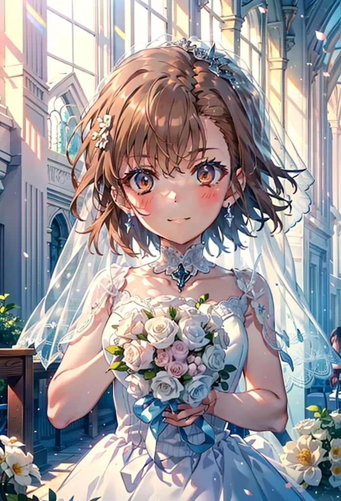 8k,highest quality,masterpiece,(((Pixel Perfect, Perfect in every detail))), alone, 1 girl, ,Mycotrose, Brown eyes,Brown Hair,short hair,Open your mouth,smile,blush,Flower Hair Ornaments,Veil,Wedding dress,Wedding Skirts,holding a bouquet with both hands,Flower Storm, break indoors, Chapel,Association, break looking at viewer, whole body,(Cowboy Shot:1. 5) , break (masterpiece:1.2), highest quality, High resolution, unity 8k wallpaper, (shape:0.8), (Beautiful details:1.6), Highly detailed face, Perfect lightでg, Highly detailed CG, (Perfect hands, Perfect Anatomy),