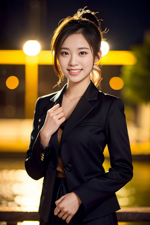 a gorgeous lady, age 18, Formal Skirt Suit with Blouse, posing naturally under night sky, dimpled smile, short ponytail, cute snaggleteeth, well-endowed round bosom, photorealistic, beautiful detailed eyes, hyper-realism, high contrast, ultra HD, realistic skin textures, top image quality, top-quality, super high resolution, fine details, very meticulously, bokeh background