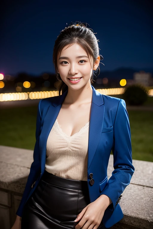 a gorgeous lady, age 18, Formal Skirt Suit with Blouse, posing naturally under night sky, dimpled smile, short ponytail, cute snaggleteeth, well-endowed round bosom, photorealistic, beautiful detailed eyes, hyper-realism, high contrast, ultra HD, realistic skin textures, top image quality, top-quality, super high resolution, fine details, very meticulously, bokeh background