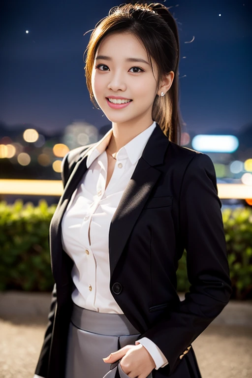 a gorgeous lady, age 18, Formal Skirt Suit with Blouse, posing naturally under night sky, dimpled smile, short ponytail, cute snaggleteeth, well-endowed round bosom, photorealistic, beautiful detailed eyes, hyper-realism, high contrast, ultra HD, realistic skin textures, top image quality, top-quality, super high resolution, fine details, very meticulously, bokeh background