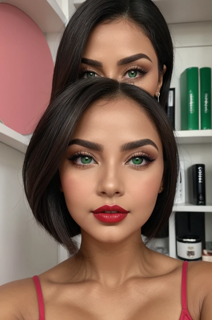Crie uma mulher morena (olhos verdes fundo, dark hair and red lips, rosto oval, sobrancelhas retangular), sentada em uma cadeira fazendo unhas de uma cliente,the background is pink and has a varnish shelf