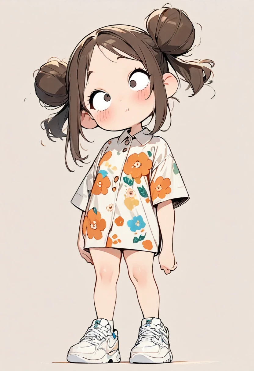 (masterpiece, highest quality:1.2), Cartoon style character design。1 girl, alone，Big eyes，Cute expression，Two buns hair，Floral Shirt，Work clothes，White sneakers，stand，interesting，interesting，Clean Lines，Solid color background