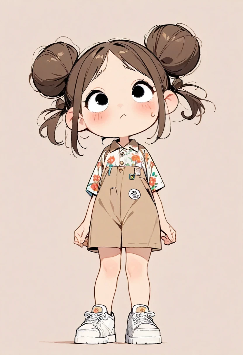 (masterpiece, highest quality:1.2), Cartoon style character design。1 girl, alone,Big eyes,Cute expression,Two buns hair,Floral Shirt,Work clothes,White sneakers,stand,interesting,interesting,Clean Lines,Solid color background