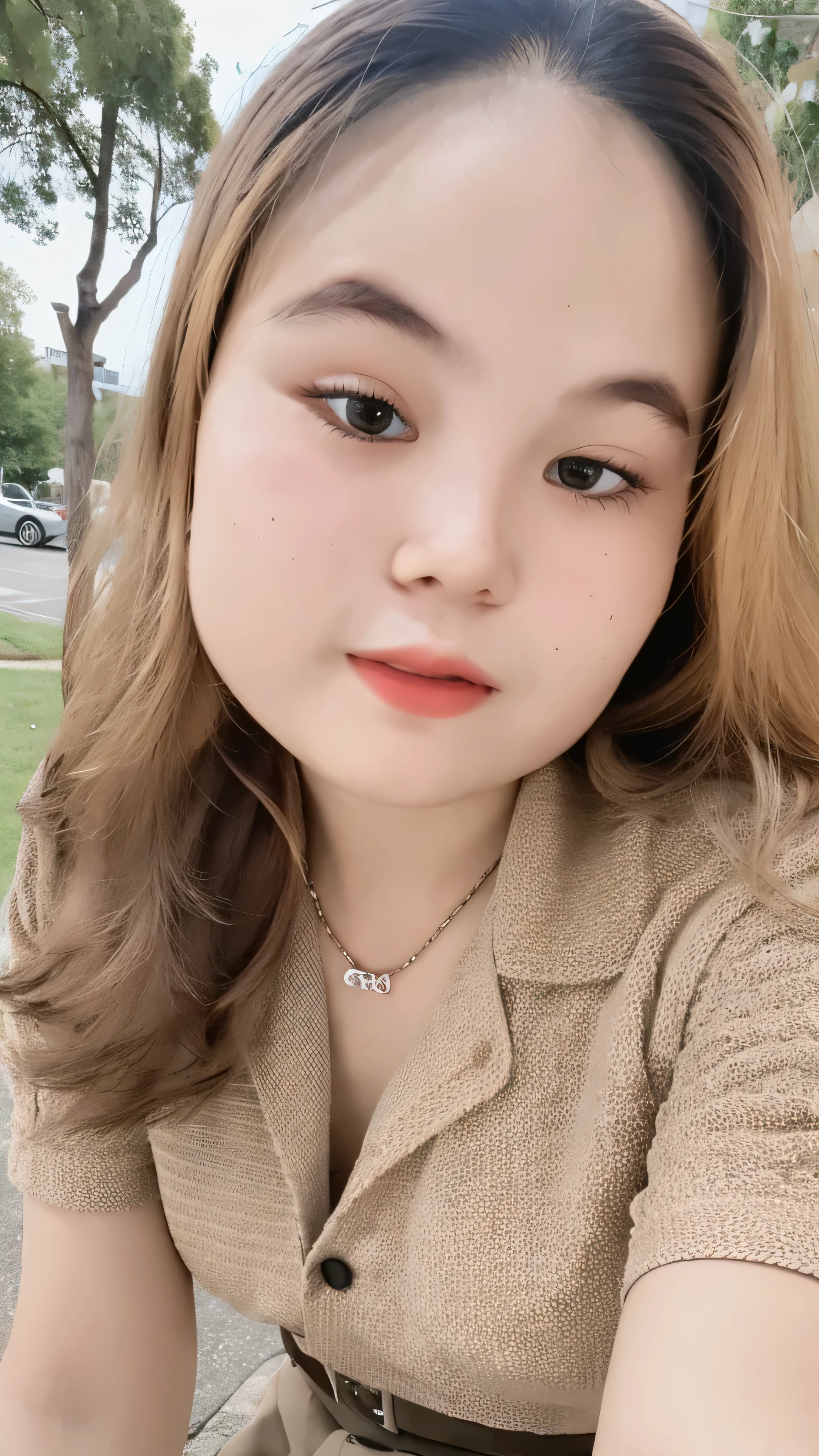 1girl, cute girl, beautiful detailed eyes, beautiful detailed lips, extremely detailed face, beautiful brown long hair, small waist, beautiful thighs, light brown shirt, short sleeves, pencil skirt, dark brown skirt, long socks, outdoor, natural lighting, soft focus, photorealistic, 8k, highres, masterpiece, ultra-detailed