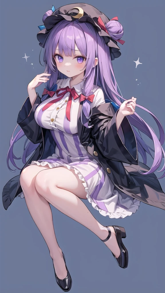 1girl, patchouli knowledge (touhou), purple eyes, very long hair, purple hair, blunt bangs, double bun, purple headwear, mob cap, bun cover, vertical-striped dress, purple dress, long sleeves, robe, wide sleeves, red bowtie, neck ribbon, red ribbon, crescent hat ornament, crescent hair ornament, red bow, blue bow, hair bow, hat bow,(large breasts),(((full body))),(((blue background))),(((Diagonal angle)))