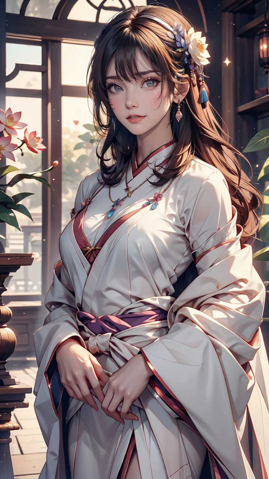 Great quality, masterpiece, High Resolutiupon, One girl, blush, (Captivating smile: 0.8), Star Student, Chinese Hanfu Lilac, hair accessory, necklace, jewelry, beauty, upon_body, Tyndall effect, realism, Lotus Pupond, Light Edge, Two-tupone Lighting, (Skin with attention to detail: 1.2), 8k UHD, Digital SLR, Soft Light, high quality, Volumetric lighting, snapshot, High Resolutiupon, 4K, 8k, Background blur