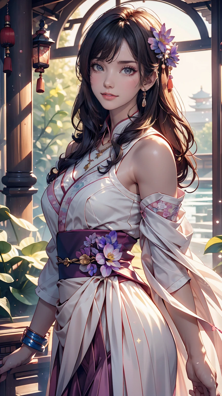 Great quality, masterpiece, High Resolutiupon, One girl, blush, (Captivating smile: 0.8), Star Student, Chinese Hanfu Lilac, hair accessory, necklace, jewelry, beauty, upon_body, Tyndall effect, realism, Lotus Pupond, Light Edge, Two-tupone Lighting, (Skin with attention to detail: 1.2), 8k UHD, Digital SLR, Soft Light, high quality, Volumetric lighting, snapshot, High Resolutiupon, 4K, 8k, Background blur