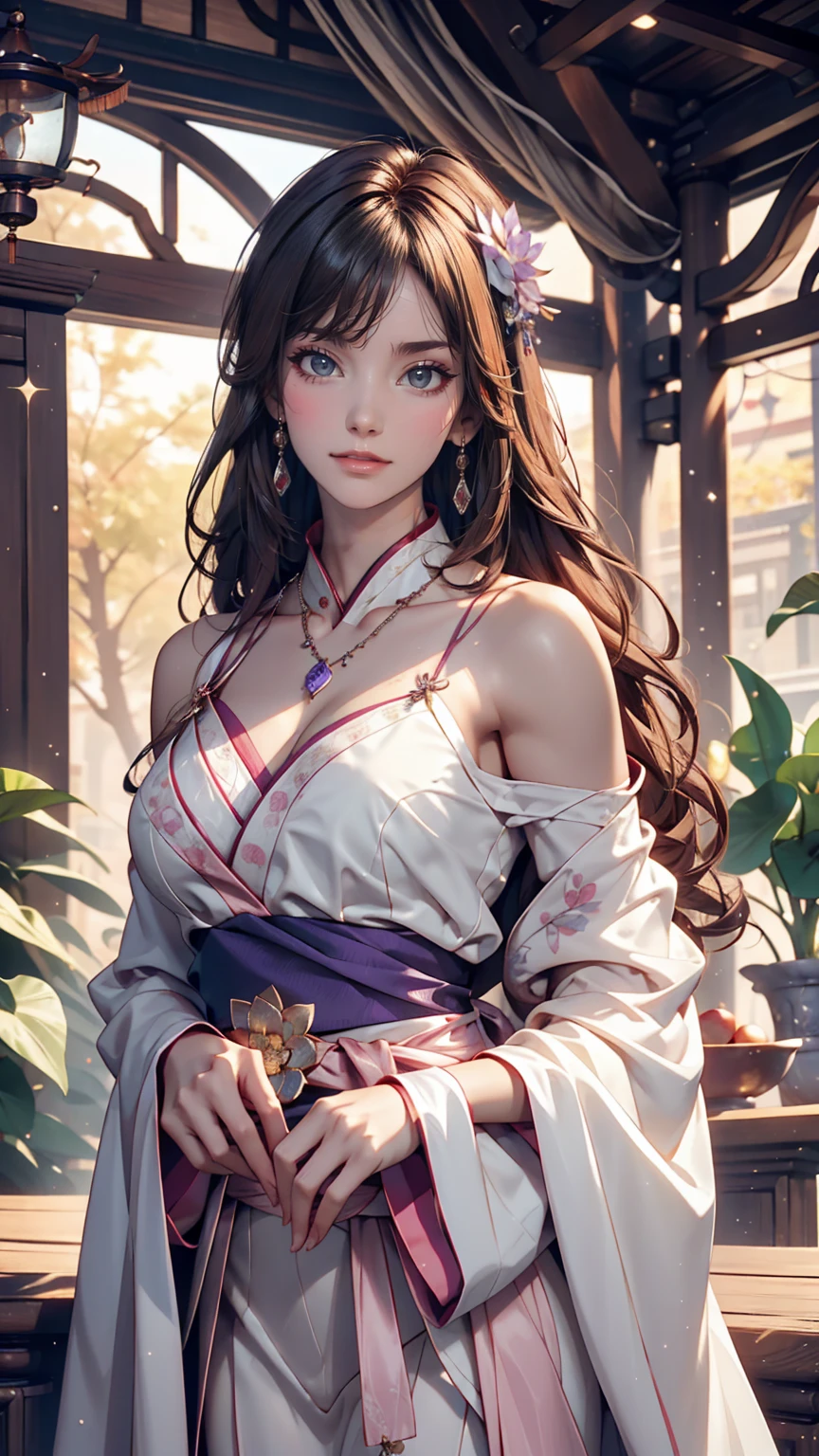 Great quality, masterpiece, High Resolutiupon, One girl, blush, (Captivating smile: 0.8), Star Student, Chinese Hanfu Lilac, hair accessory, necklace, jewelry, beauty, upon_body, Tyndall effect, realism, Lotus Pupond, Light Edge, Two-tupone Lighting, (Skin with attention to detail: 1.2), 8k UHD, Digital SLR, Soft Light, high quality, Volumetric lighting, snapshot, High Resolutiupon, 4K, 8k, Background blur