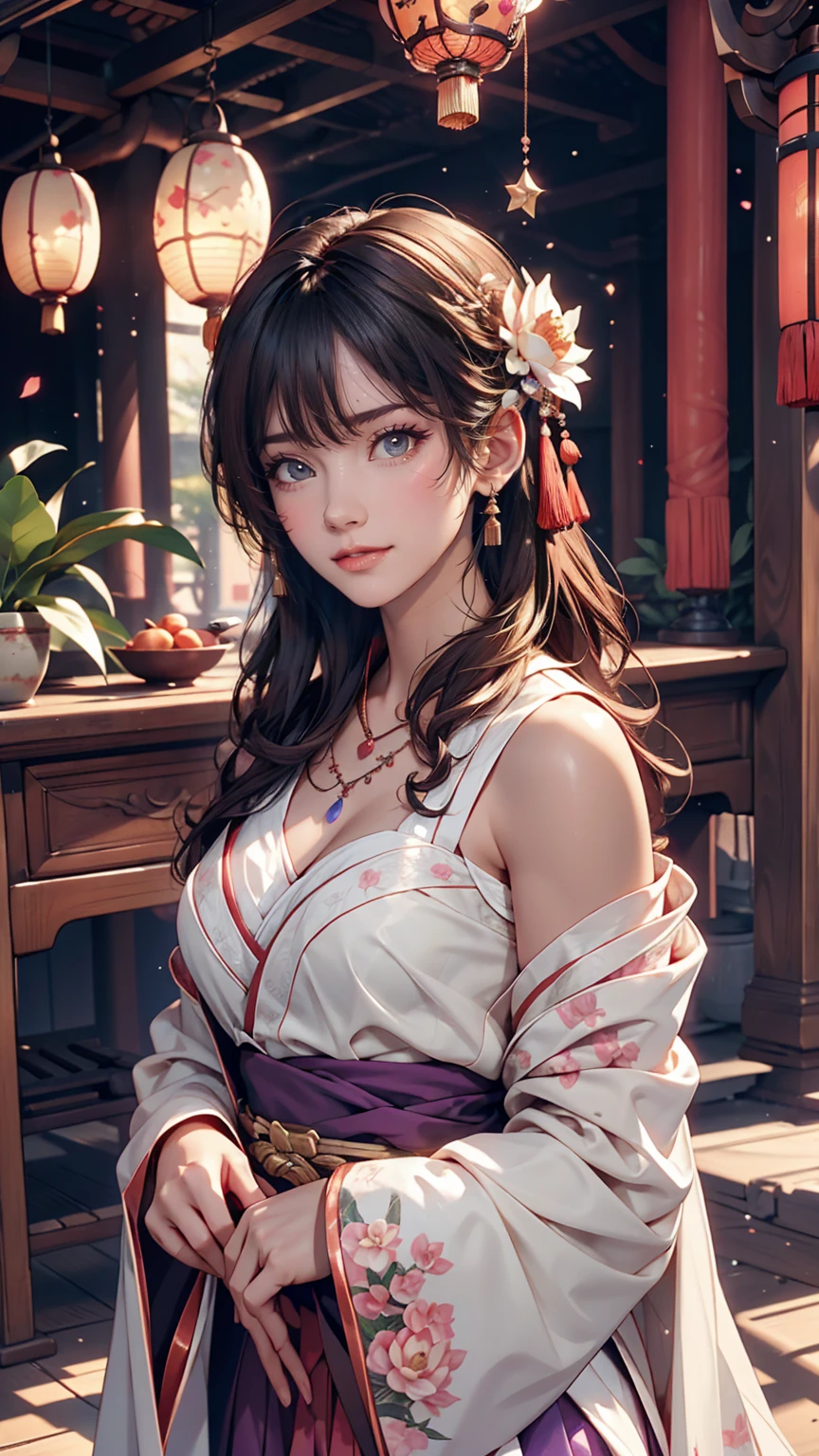 Great quality, masterpiece, High Resolutiupon, One girl, blush, (Captivating smile: 0.8), Star Student, Chinese Hanfu Lilac, hair accessory, necklace, jewelry, beauty, upon_body, Tyndall effect, realism, Lotus Pupond, Light Edge, Two-tupone Lighting, (Skin with attention to detail: 1.2), 8k UHD, Digital SLR, Soft Light, high quality, Volumetric lighting, snapshot, High Resolutiupon, 4K, 8k, Background blur