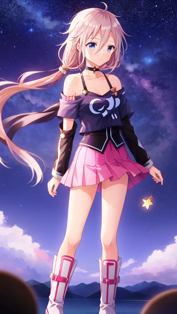 one girl, IA, Vocaloid, CeVIO AI, short skirt, black shirt, off shoulder, choker, beauty, starry sky, mysterious girl, romantic, close to girl, Aria on the Planetes, from diagonally, slender, cool, straight hair, boots, standing, wish upon a stars, portfolio, face focus