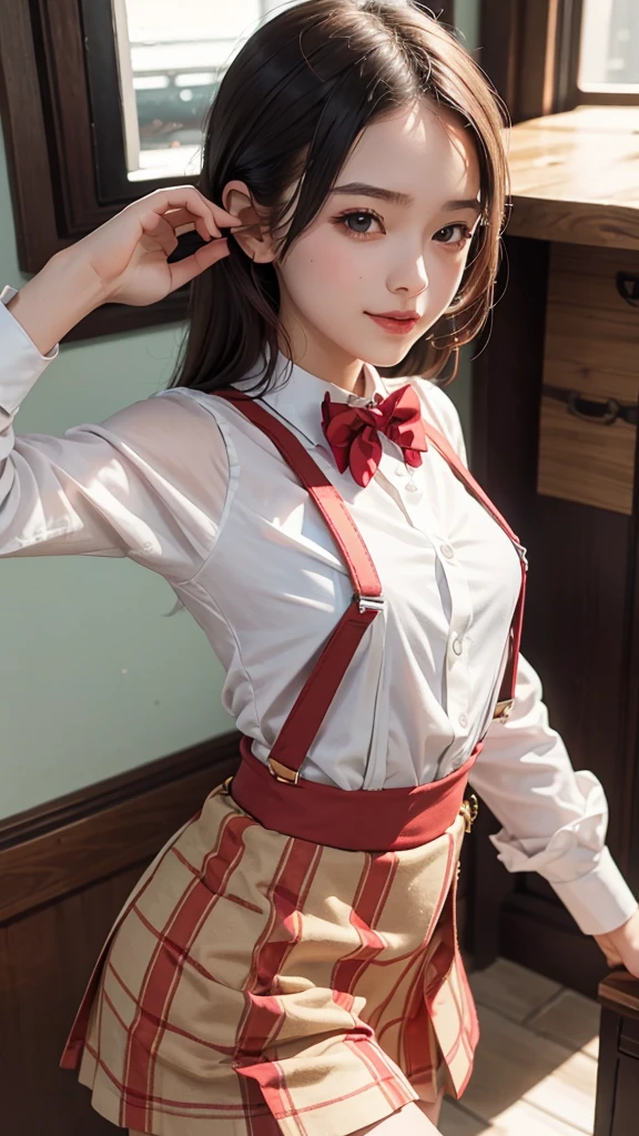 1girl, solo, small breasts, suspender skirt, white shirt, red bowtie, happy
