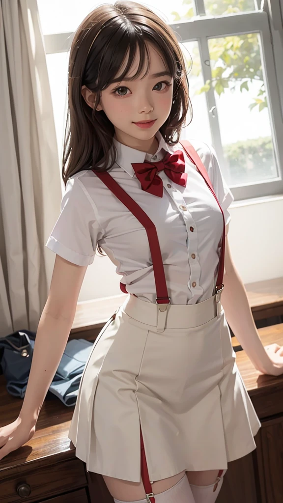 1girl, solo, small breasts, suspender skirt, white shirt, red bowtie, happy