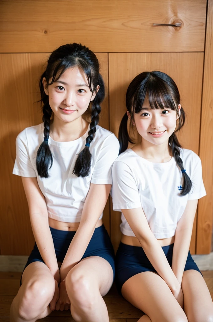 2 girls sitting on floor holding knees up in wooden school classroom,white plain t-shirt with navy blue trim,navy blue speedo briefs,18-year-old,bangs,a little smile,large bare thighs,knees,short hair with low pigtails,from before,front light