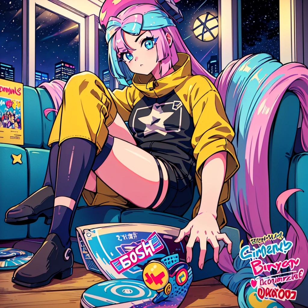 (masterpiece), highest quality, Expressive eyes, Neon pastel aesthetics, Retro 90s, Neon color,((Girl sitting on sofa,In a cozy room,Records hanging on her wall, Comic books on the floor, Looking out the window behind her at the night city, Upholstered room, Anime figures lined up on a shelf)), Wearing headphones, (All around her it sparkles), (wearing thick colorful sneakers), (blue eyes), (Soft look), (Synthwave Art Style), Colorful Hair, Desk with PC set up