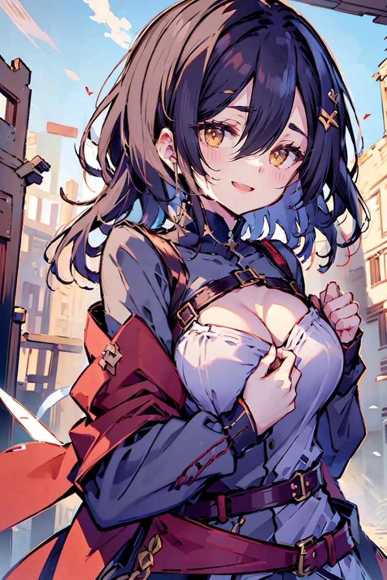 (masterpiece:1.2), (high quality:1.2), hui xiyi, rekkyo sensen, rekkyou sensen, girls with((black hair, tits cleavage, waving is hands, breasts close up, suspenders, dress, blue clothes, belt, frills shirt, white knit sweater, camisole, exposed breasts, straps, ribbon, upper body, long hair, one side up, nun, long sleeves, perfect hands, perfect fingers)), background with((fantasy world, ruin, castle, beautiful sky, shining sky, sunshine))