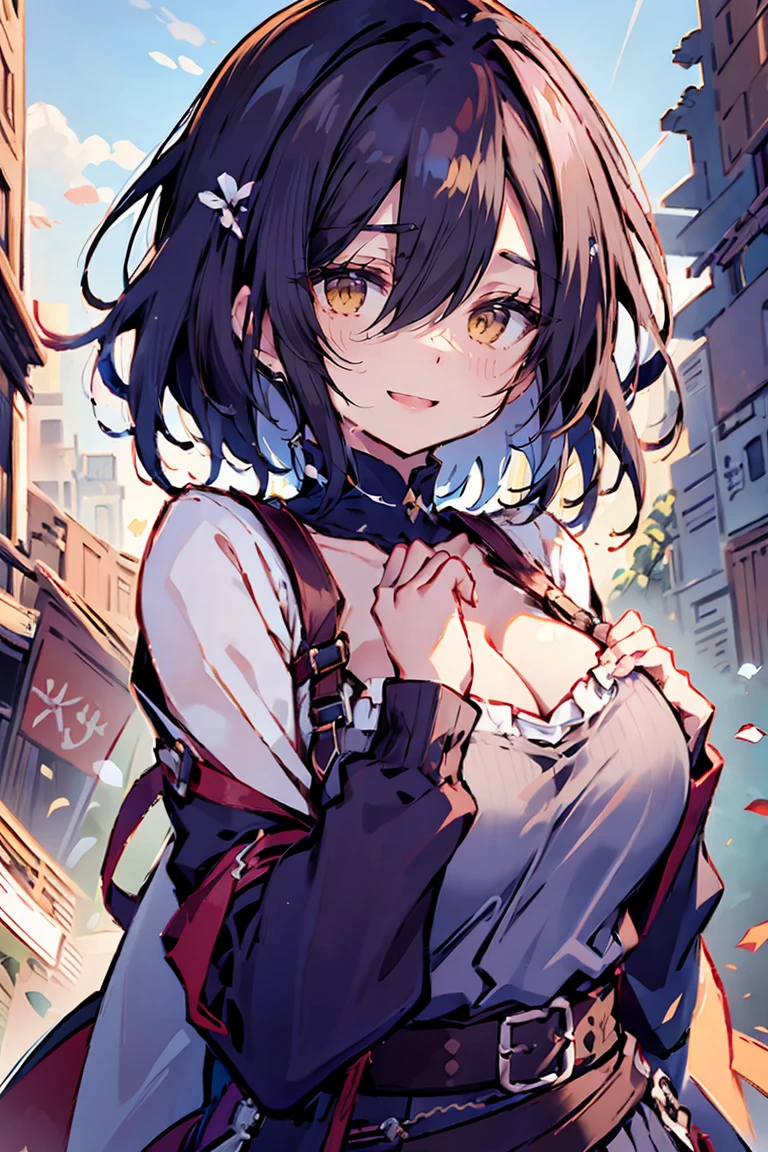 (masterpiece:1.2), (high quality:1.2), hui xiyi, rekkyo sensen, rekkyou sensen, girls with((black hair, tits cleavage, waving is hands, breasts close up, suspenders, dress, blue clothes, belt, frills shirt, white knit sweater, camisole, exposed breasts, straps, ribbon, upper body, long hair, one side up, nun, long sleeves, perfect hands, perfect fingers)), background with((fantasy world, ruin, castle, beautiful sky, shining sky, sunshine))