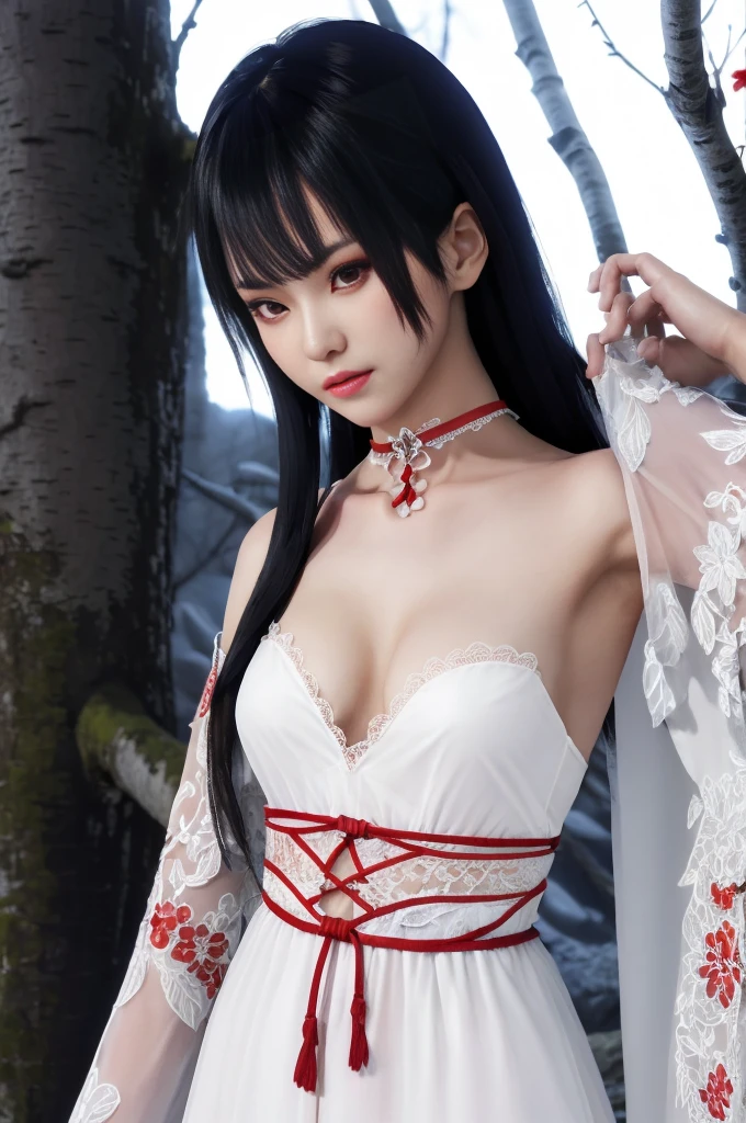 Female tengu, White Dress, choker, Lace trim, Red accents, Birch forest, Soft lighting