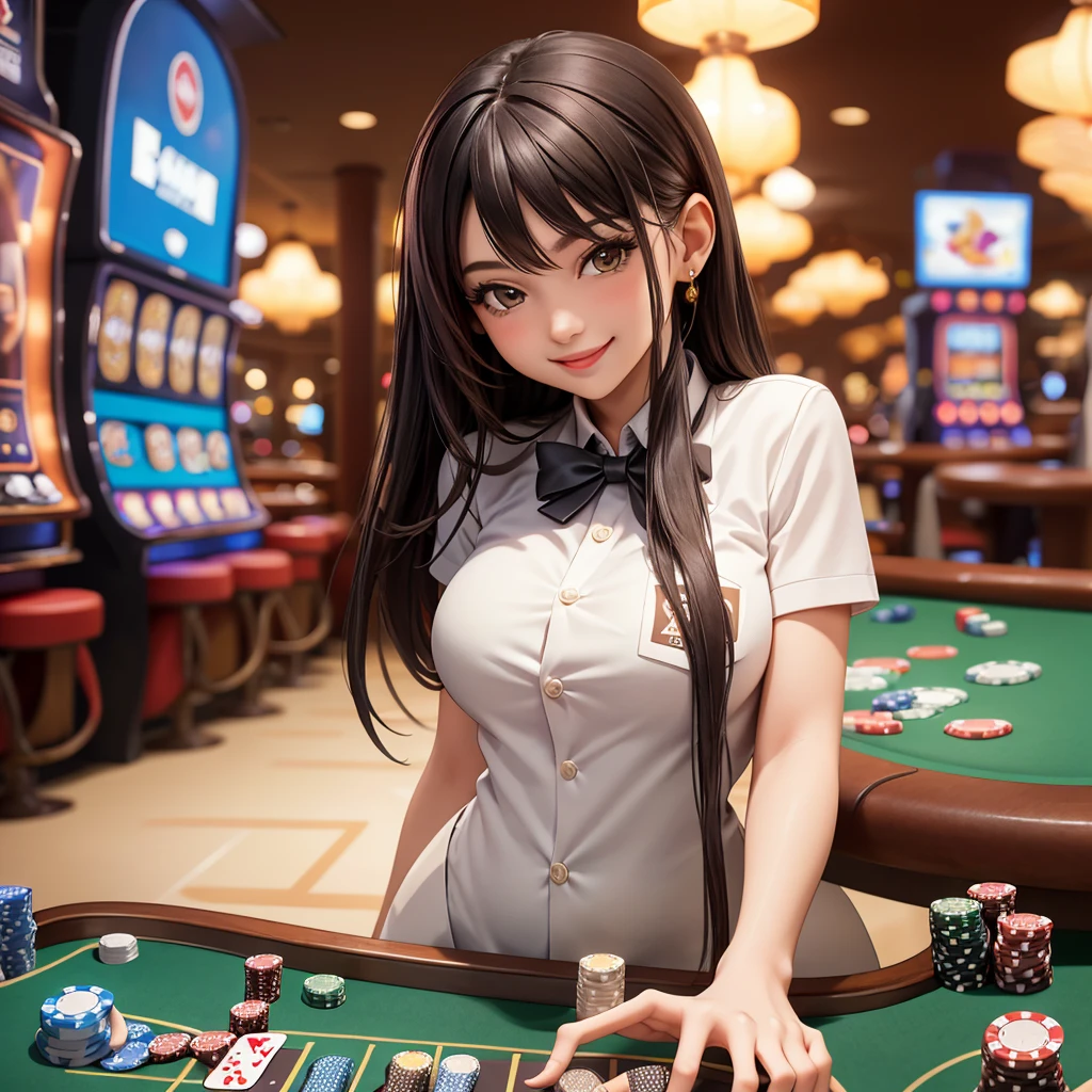 one girl only, luxurious casino, elegant, card table, rich people, people playing cards in background, croupier, customer service, poker table, happy pretty smile,