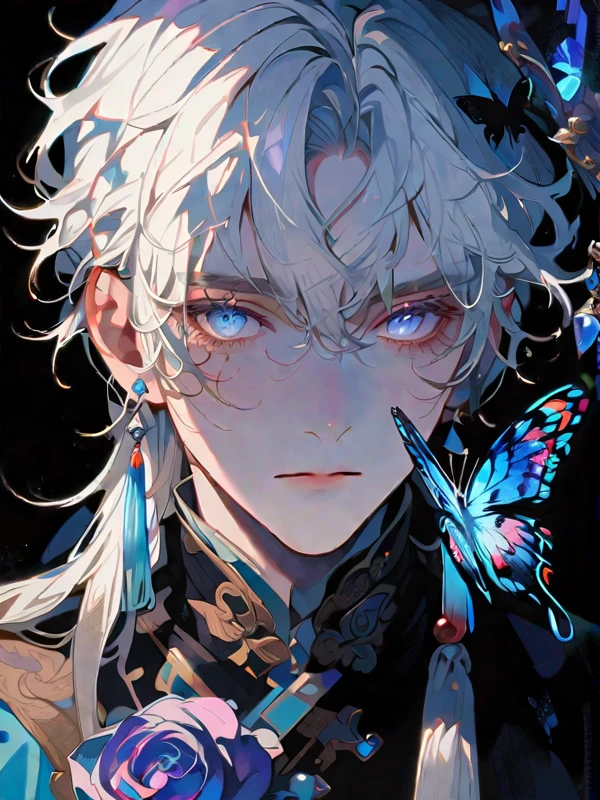 masterpiece, Male focus, 1 boy, solitary, white hair, tassel earrings, tassel, jewelry, earrings, black background, blue eyes, Long hair, crystal, Butterfly, Upper Body, Colorful hair,Pearlescent Rose,Personal,The eyes are depicted in great detail, half body potrait