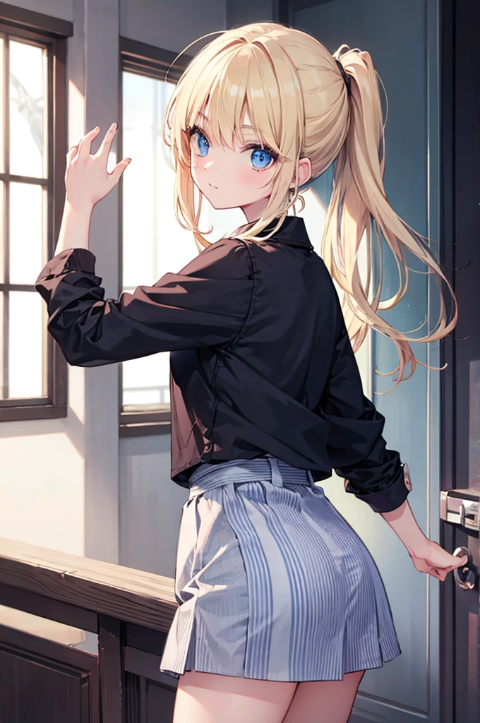 long ponytail, blue eyes, blonde