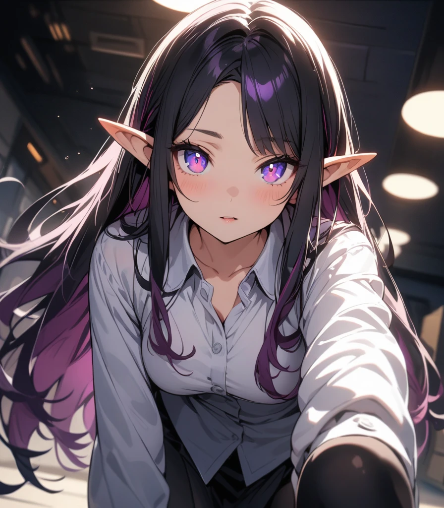 ((highest quality, masterpiece, ultra high definition, high resolution)), ((ultra-detailed illustrations:1.2)), 1 girl, solo, anime style, beautiful hair, parted bangs, loose hair, long hair, black hair, dark purple hair, multi colored hair, beautiful detailed eyes, beautiful detailed pupils, violet eyes, looking at viewer, pointed ears, mid-chest, white shirt, collared shirt, long sleeves, black mini skirt, pantyhose, shiny skin, shiny, indoor, office