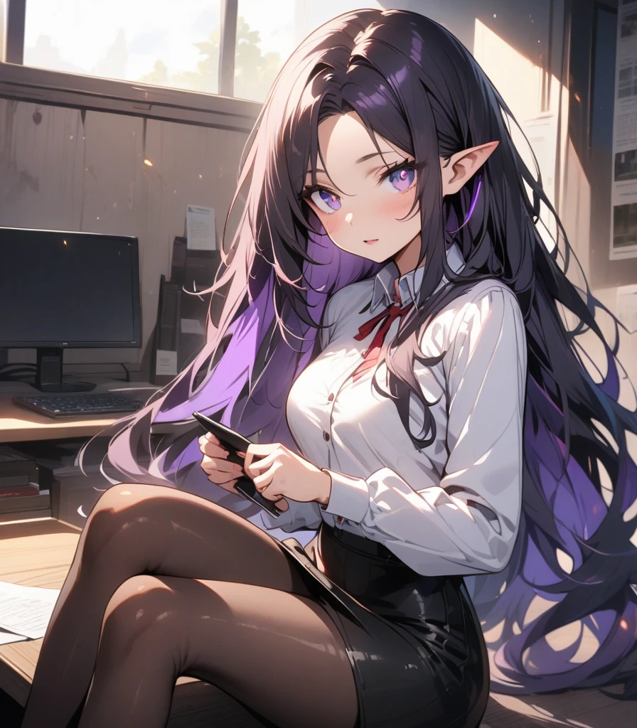 ((highest quality, masterpiece, ultra high definition, high resolution)), ((ultra-detailed illustrations:1.2)), 1 girl, solo, anime style, beautiful hair, parted bangs, loose hair, long hair, black hair, dark purple hair, multi colored hair, beautiful detailed eyes, beautiful detailed pupils, violet eyes, looking at viewer, pointed ears, mid-chest, white shirt, collared shirt, long sleeves, black mini skirt, pantyhose, shiny skin, shiny, indoor, office