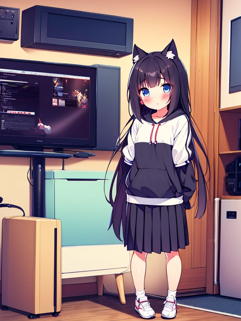 Girl long black hair blue eyes blush on face in PC gaming room Short pleated skirt long stockings cat hoodie great quality 8k very detailed image perfect anatomy full body nsfw