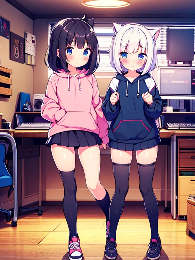 Girl long black hair blue eyes blush on face in PC gaming room Short pleated skirt long stockings cat hoodie great quality 8k very detailed image perfect anatomy full body nsfw