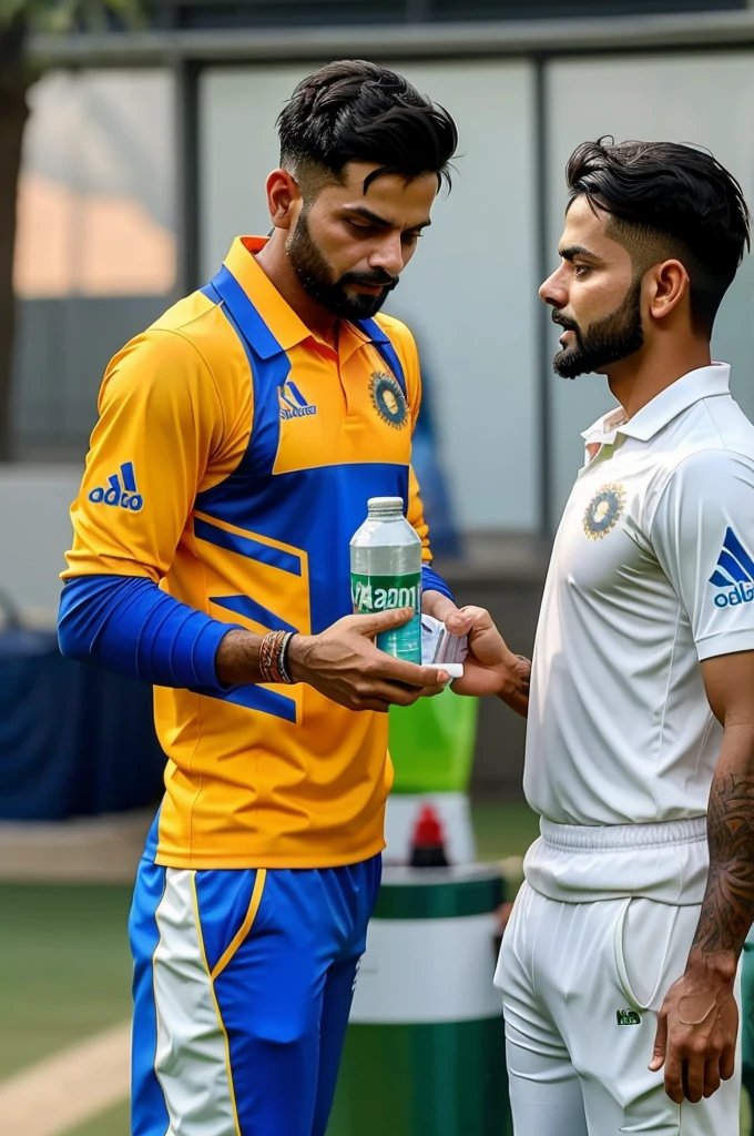 Generate a image showing shubhman gill as a waterboy in Indian cricket Jersey serving energy drink to virat kohli who is playing in the team