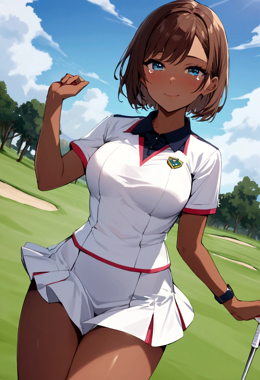 sound　high resolution　8k beauty　Woman playing golf　Golf course　Beautiful woman　short hair　Brown skin　Golf Wear　mini skirt　smile　　looking at the camera　Sunburn mark　Tears　victory　tall