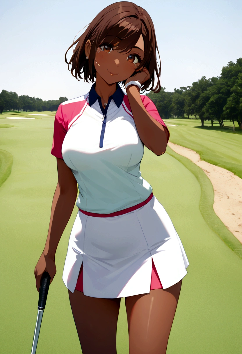 sound　high resolution　8k beauty　Woman playing golf　Golf course　Beautiful woman　short hair　Brown skin　Golf Wear　mini skirt　smile　　looking at the camera　Sunburn mark　Tears　victory　tall