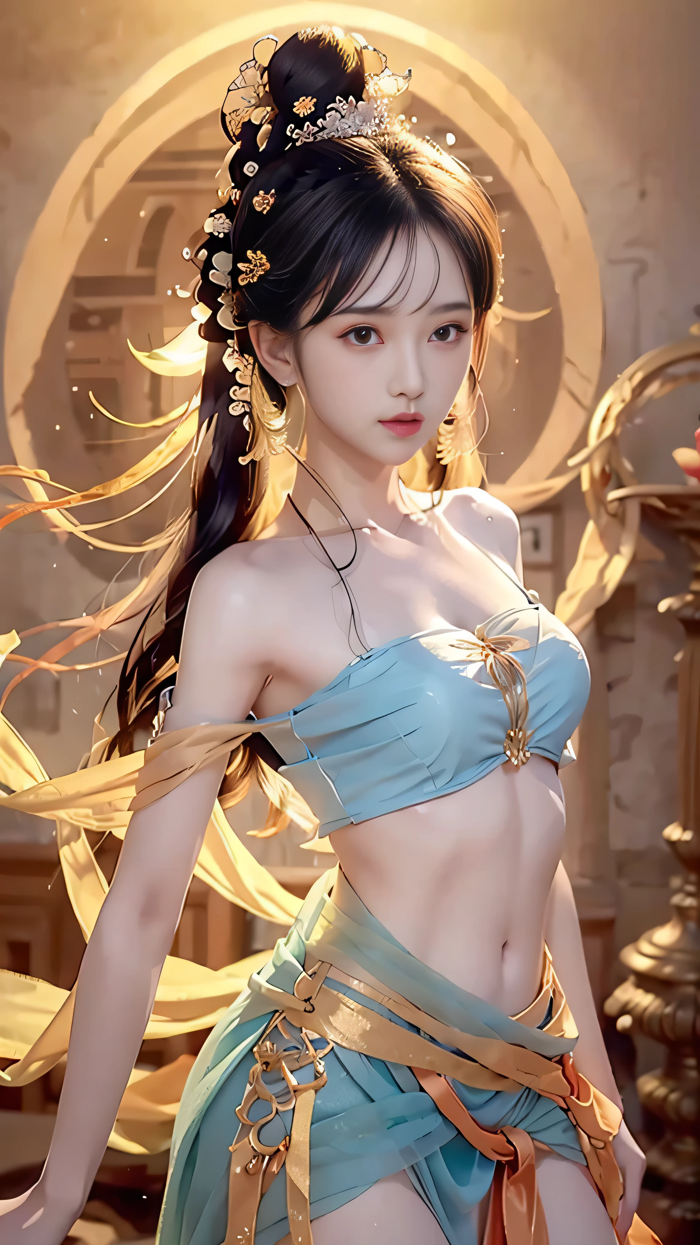 Half-length photo, A beautiful woman, messy hair, Girl, Symmetrical bun, Hair accessories, Jewelry, Delicate face, Eyeshadow, Exquisite blue top, Crop Top, Open button, Dunhuang style, Lots of ribbons, cyan ribbon, Orange streamer, Red ribbon, Delicate skin, soft light effects, hair fine and smooth, Fine details, eyes highlights, White skin, Delicate depiction, Extreme details, quality, Thin, slim, shattered, Hair details, Thin bangs, Shawl hair, Correct body, shadow, Air bangs, 8K, Ultra-fine, Fine fabric texture, soft, soft, Smooth texture, Dunhuang style, Exquisite pattern, Correct hand drawing, Smile, Crane plum, Surrealism, Ray tracing, Ultra HD, High Detail, Super Detail, High resolution, 8K, high quality, High Detail, Textured Skin, precise