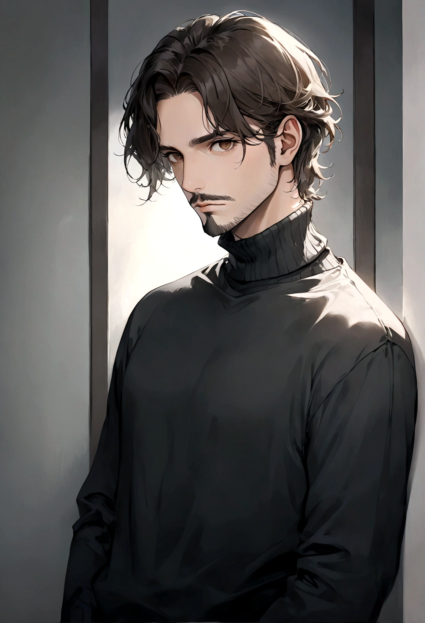(black turtleneck sweater, A men&#39;s turtleneck sweater), ), ((bigote estilo Van Dyke y (barba de chivo) "Van Dyke", Van Dyke beard)), (light brown eyes), Aspecto atractivo y serio, cabello muy largo oscuro, messy hair, Elegante y con estilo, abrigo elegante color gris largo, Un hombre similar al actor Jim Morrison con el cabello largo, ((cabello muy largo)) (Imagen realista y de alta calidad), Apartamento escandinavo en el fondo simple de un cuarto, ((La mejor calidad, 8K, obra maestra).((pose dinamica))