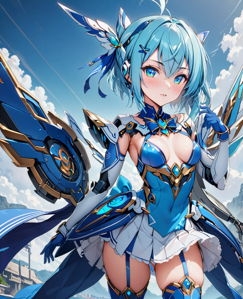 highest quality、unity 8k wallpaper、32k、masterpiece、Very detailed、Ultra-high resolution、Very detailedな顔、RAW Photos、Professional、Ultra-fine painting、Solas Sinon、light blue short hair、Headset with sight on right eye、Sky blue eyes、Blue magical girl costume、Deep indigo ribbon and large sapphire brooch、Flat Chest、White pleated skirt with blue lines、Blue and white long gloves、Indigo thigh-high stiletto heel boots with gold molding、