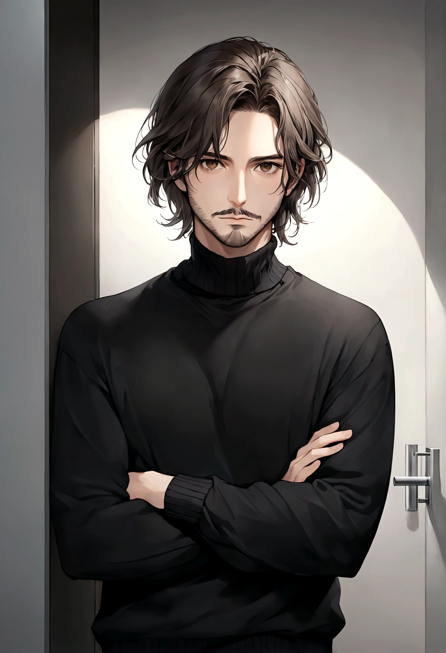 (black turtleneck sweater, A men's turtleneck sweater), ), ((bigote estilo Van Dyke y (barba de chivo) "Van Dyke", Van Dyke beard)), (light brown eyes), Aspecto atractivo y serio, cabello muy largo oscuro, messy hair, Elegante y con estilo, abrigo elegante color gris largo, Un hombre similar al actor Jim Morrison con el cabello largo, ((cabello muy largo)) (Imagen realista y de alta calidad), Apartamento escandinavo en el fondo simple de un cuarto, ((La mejor calidad, 8K, obra maestra).((pose dinamica))