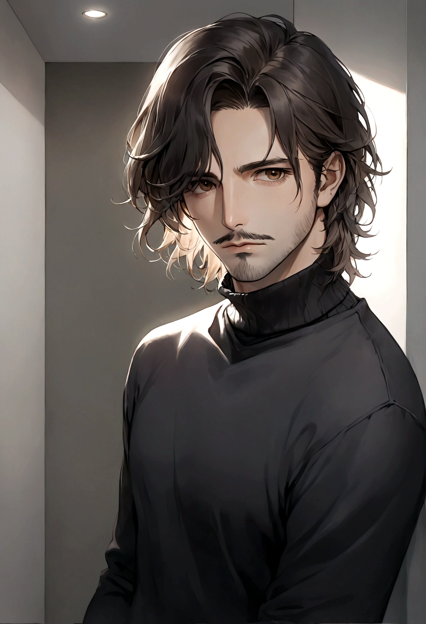 (black turtleneck sweater, A men&#39;s turtleneck sweater), ), ((bigote estilo Van Dyke y (barba de chivo) "Van Dyke", Van Dyke beard)), (light brown eyes), Aspecto atractivo y serio, cabello muy largo oscuro, messy hair, Elegante y con estilo, abrigo elegante color gris largo, Un hombre similar al actor Jim Morrison con el cabello largo, ((cabello muy largo)) (Imagen realista y de alta calidad), Apartamento escandinavo en el fondo simple de un cuarto, ((La mejor calidad, 8K, obra maestra).((pose dinamica))