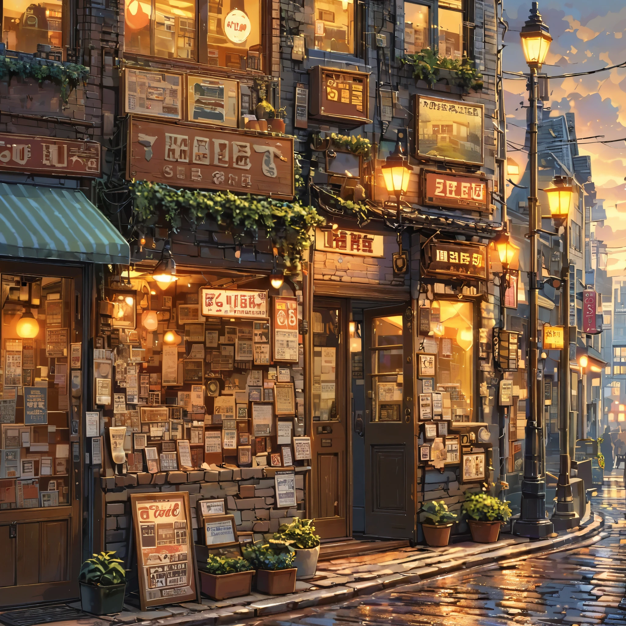 ((anime:1.4,illustration)),(masterpiece, top quality, best quality),(ultra-detailed, absolutely resolution),((16k, high res)), (((retro street scene, depict a nostalgic cityscape from the 1950s, featuring cobblestone streets and vintage buildings, the architecture include brick and stone facades, with charming storefronts displaying period-specific signage and window displays, elements like old-fashioned lampposts, ))), ((anime:1.4, illustration)),(masterpiece, top quality, best quality),(ultra-detailed, absolutely resolution),((16k, high res)) BREAK {lofi art, style of Laurie Greasley, style of Makoto Shinkai, anime aesthetic}, BREAK { (produces images with information than 40 million pixels with cinematic-like detailed textures shot on a Sony SLR).}