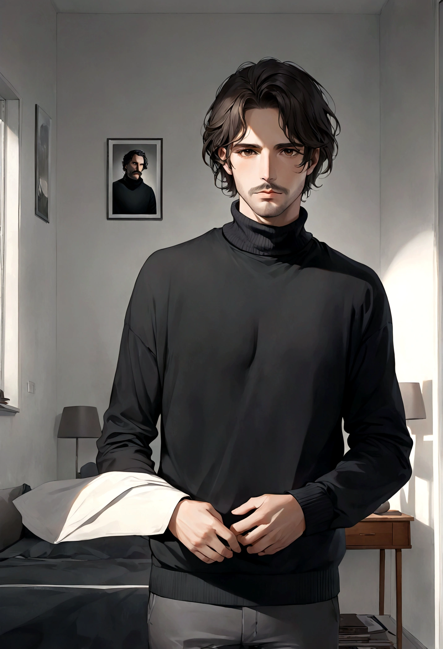 (black turtleneck sweater, A men's turtleneck sweater), ), ((bigote estilo Van Dyke y (barba de chivo) "Van Dyke", Van Dyke beard)), (light brown eyes), Aspecto atractivo y serio, cabello muy largo oscuro, messy hair, Elegante y con estilo, abrigo elegante color gris largo, Un hombre similar al actor Jim Morrison con el cabello largo, ((cabello muy largo)) (Imagen realista y de alta calidad), Apartamento escandinavo en el fondo simple de un cuarto, ((La mejor calidad, 8K, obra maestra).((pose dinamica))