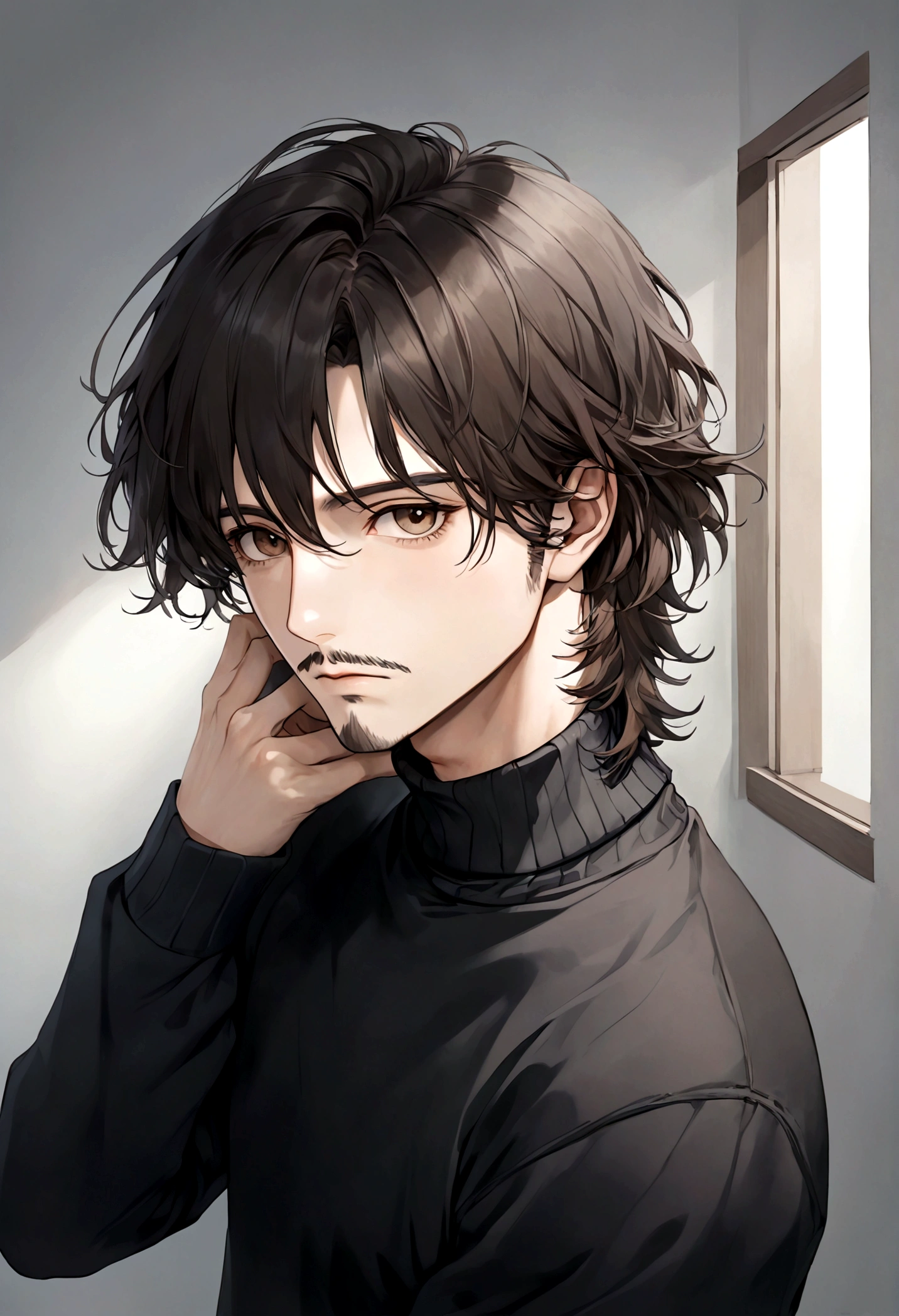 (black turtleneck sweater, A men's turtleneck sweater), ), ((bigote estilo Van Dyke y (barba de chivo) "Van Dyke", Van Dyke beard)), (light brown eyes), Aspecto atractivo y serio, cabello muy largo oscuro, messy hair, Elegante y con estilo, abrigo elegante color gris largo, Un hombre similar al actor Jim Morrison con el cabello largo, ((cabello muy largo)) (Imagen realista y de alta calidad), Apartamento escandinavo en el fondo simple de un cuarto, ((La mejor calidad, 8K, obra maestra).((pose dinamica))