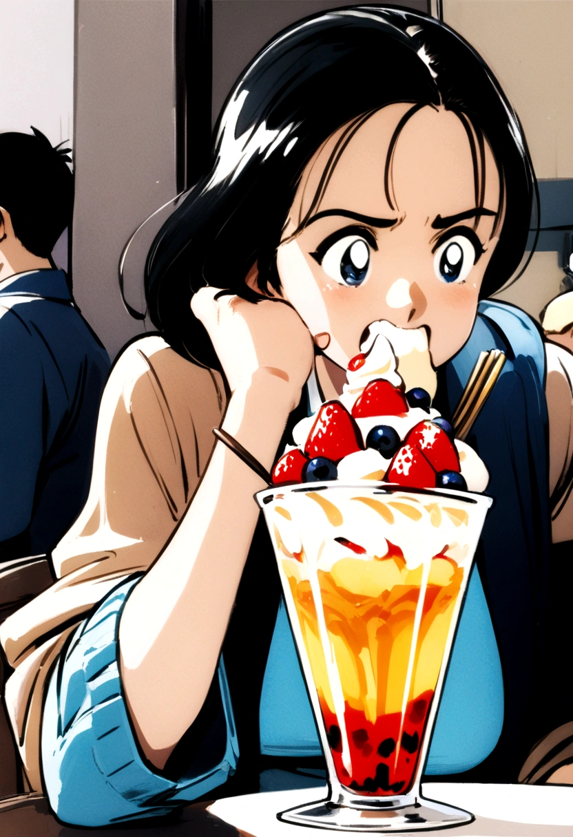 A woman eating a parfait with relish