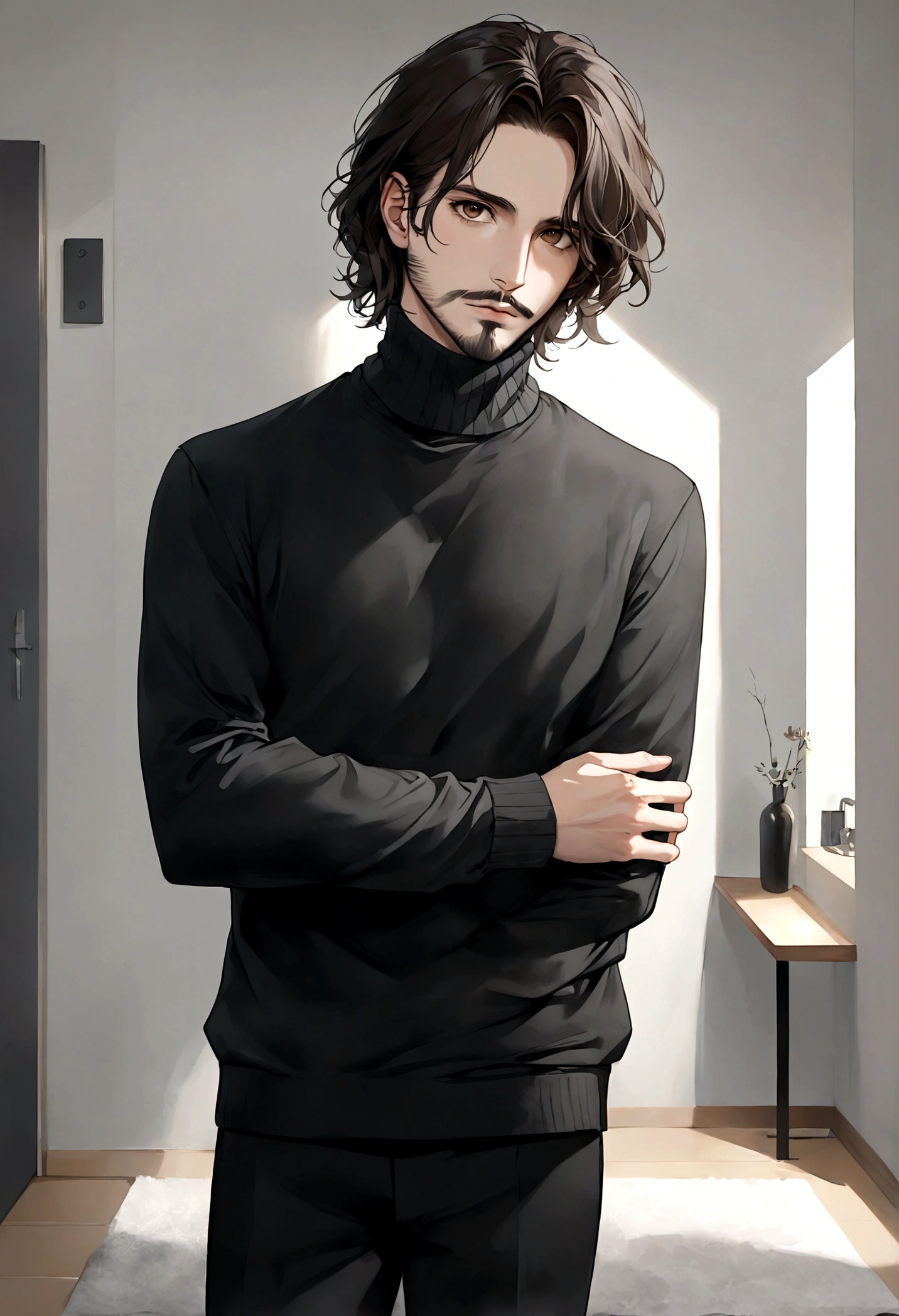 (black turtleneck sweater, A men's turtleneck sweater), ), ((bigote estilo Van Dyke y (barba de chivo) "Van Dyke", Van Dyke beard)), (light brown eyes), Aspecto atractivo y serio, cabello muy largo oscuro, messy hair, Elegante y con estilo, abrigo elegante color gris largo, Un hombre similar al actor Jim Morrison con el cabello largo, ((cabello muy largo)) (Imagen realista y de alta calidad), Apartamento escandinavo en el fondo simple de un cuarto, ((La mejor calidad, 8K, obra maestra).((pose dinamica))
