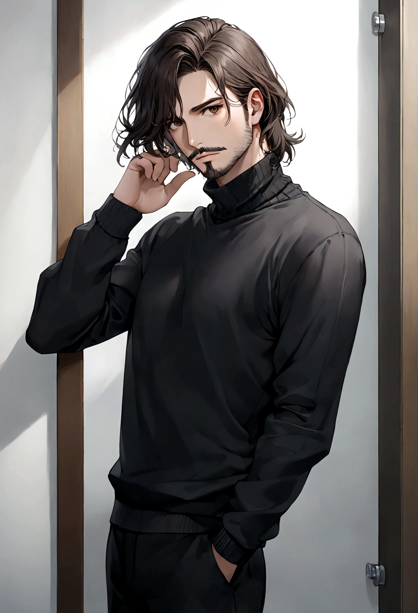 (black turtleneck sweater, A men&#39;s turtleneck sweater), ), ((bigote estilo Van Dyke y (barba de chivo) "Van Dyke", Van Dyke beard)), (light brown eyes), Aspecto atractivo y serio, cabello muy largo oscuro, messy hair, Elegante y con estilo, abrigo elegante color gris largo, Un hombre similar al actor Jim Morrison con el cabello largo, ((cabello muy largo)) (Imagen realista y de alta calidad), Apartamento escandinavo en el fondo simple de un cuarto, ((La mejor calidad, 8K, obra maestra).((pose dinamica))